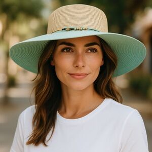 NWOT Kallina Wide Brim Sun Hat Blue Tan Beaded Butterfly Charm Sun Protection
